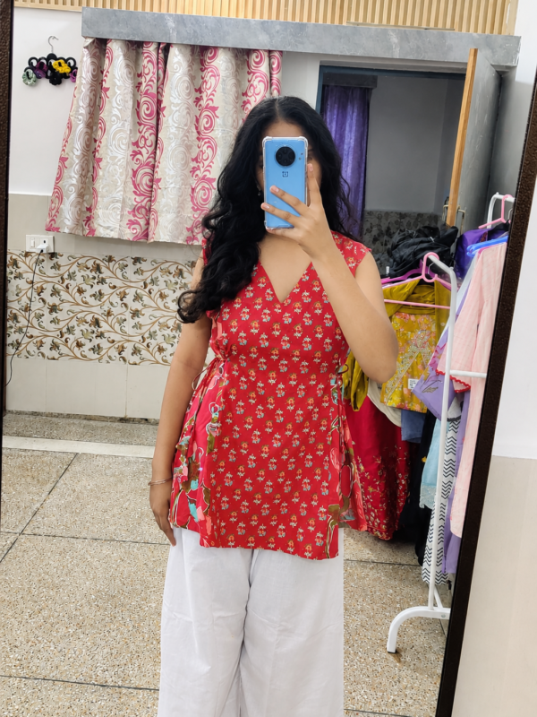 Red Floral Printed Kurti & White Palazzo Set