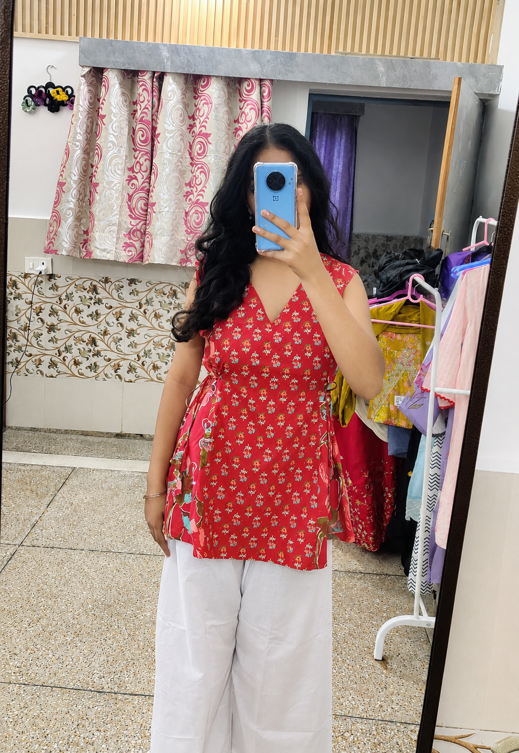 Red Floral Printed Kurti & White Palazzo Set