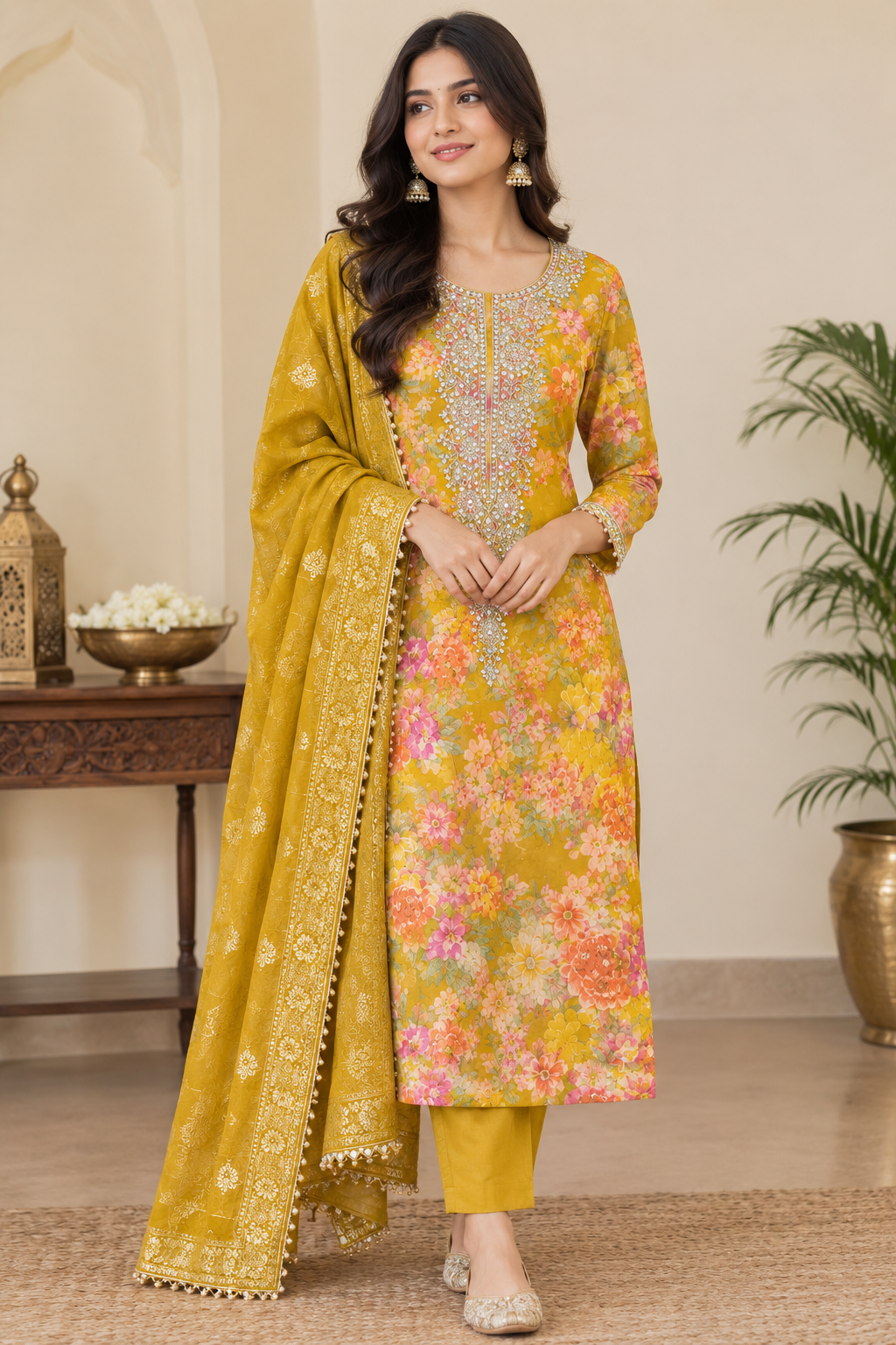 Mustard Floral Print Embellished Suit Set - Image 2