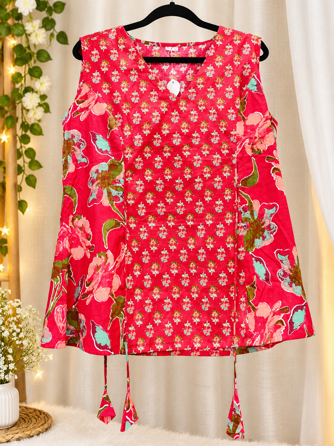 Red Floral Printed Kurti & White Palazzo Set - Image 2