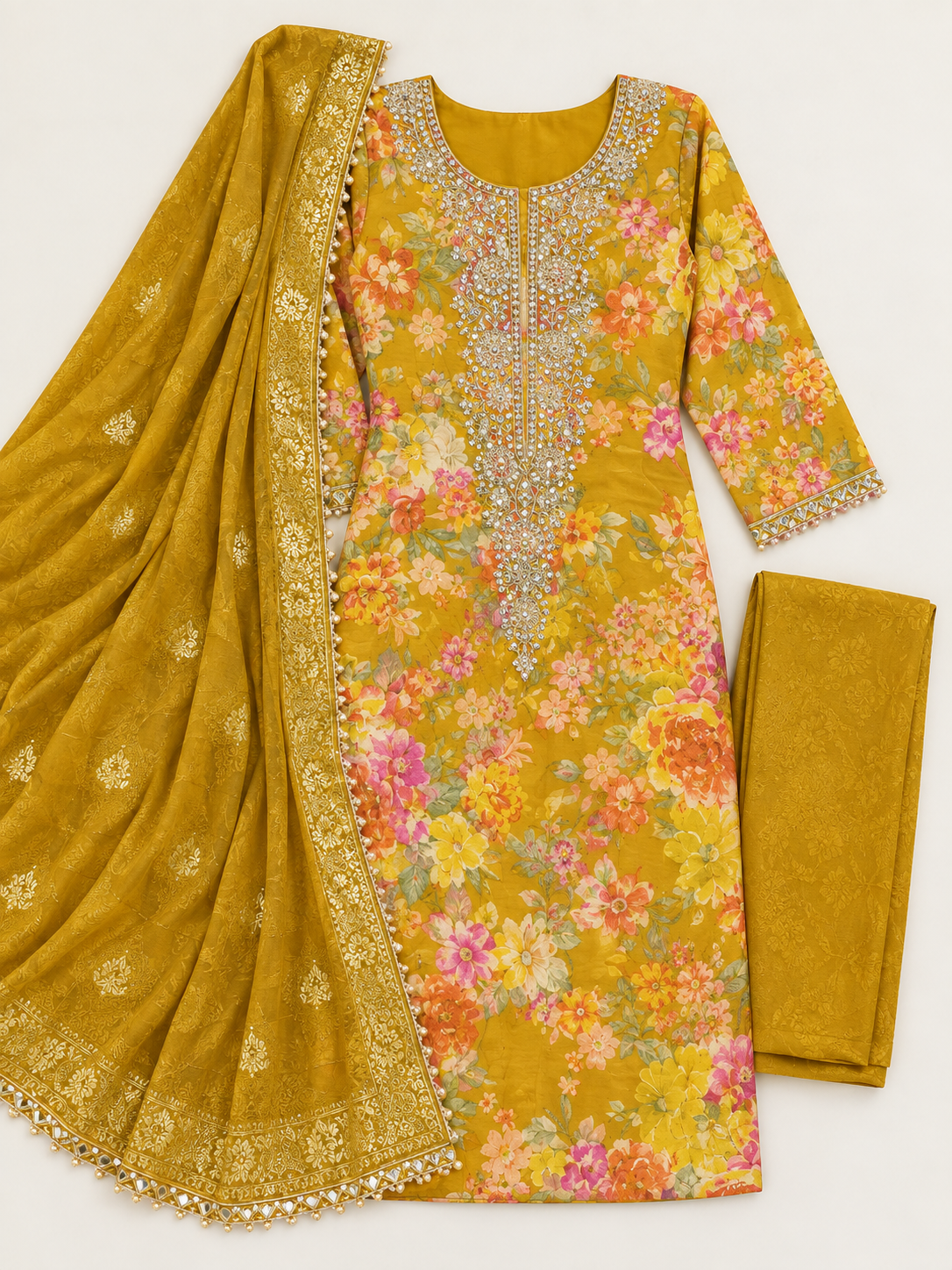 Mustard Floral Print Embellished Suit Set